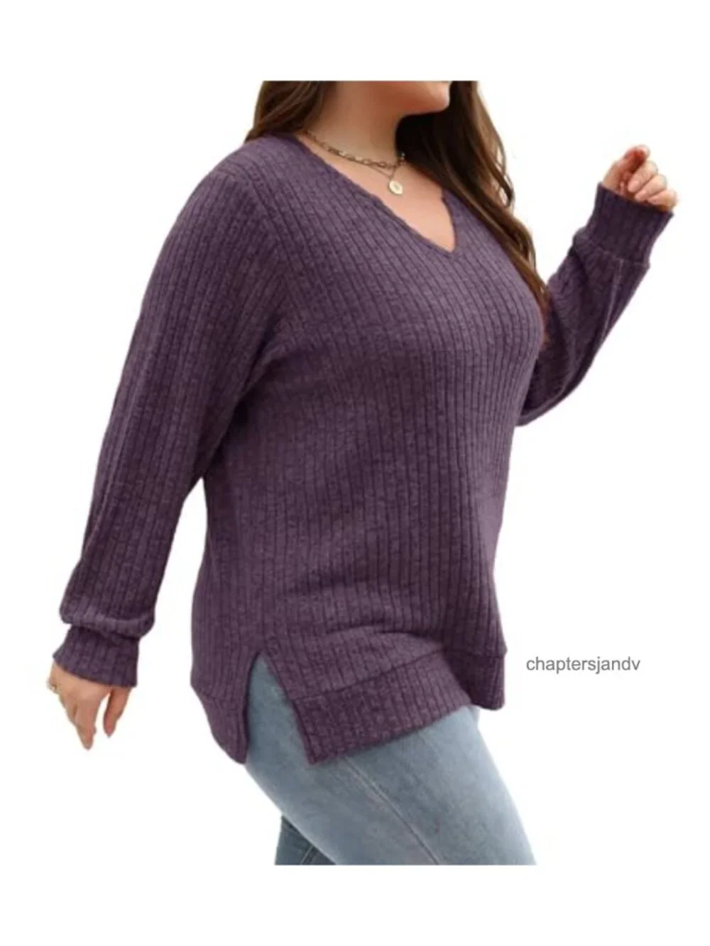 Women's Plus Size Tunic Sweater Long Sleeve V-Neck Loose Knit Top